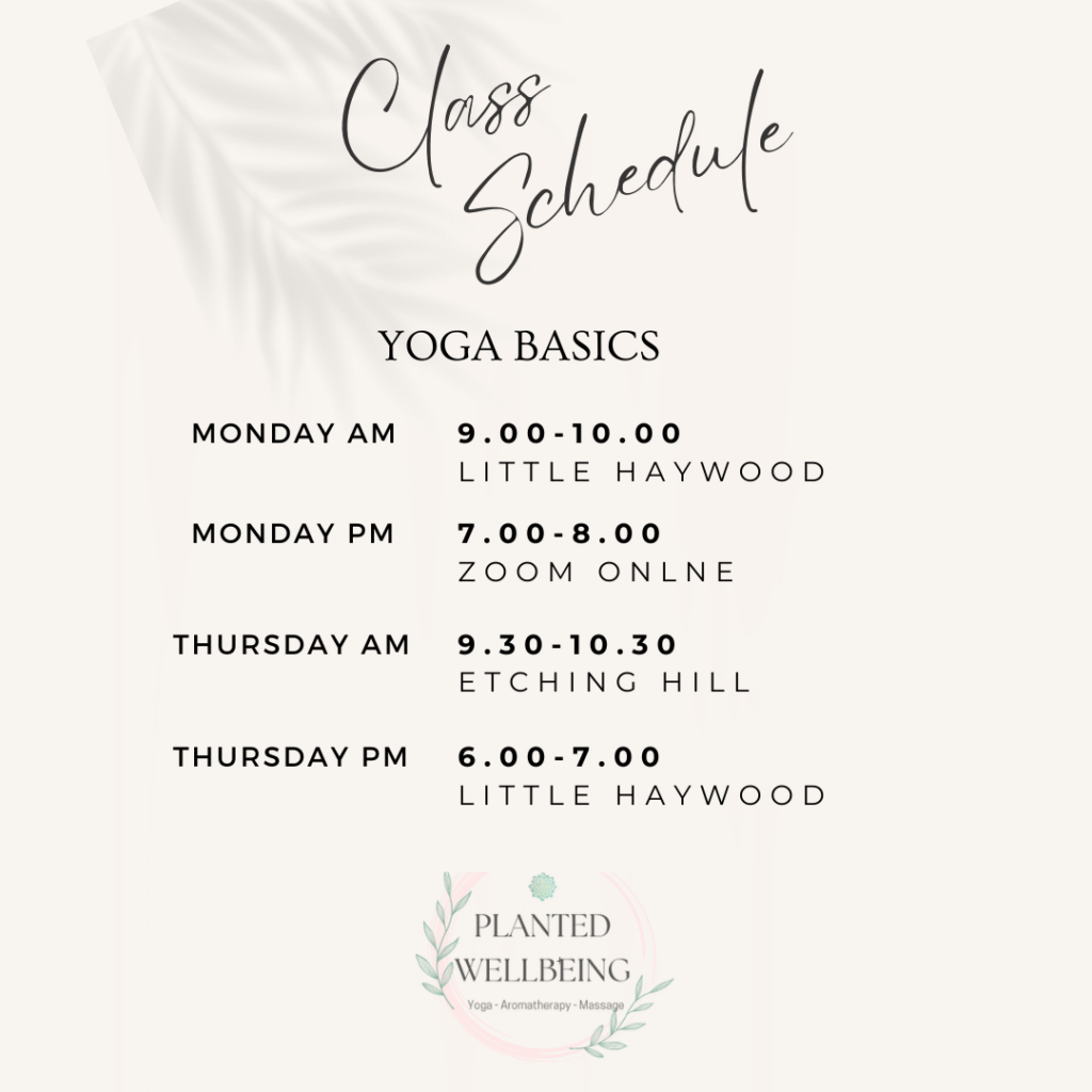 Planted Wellbeing Class Schedule. Yoga Classes in Little Haywood & Rugeley Staffordshire